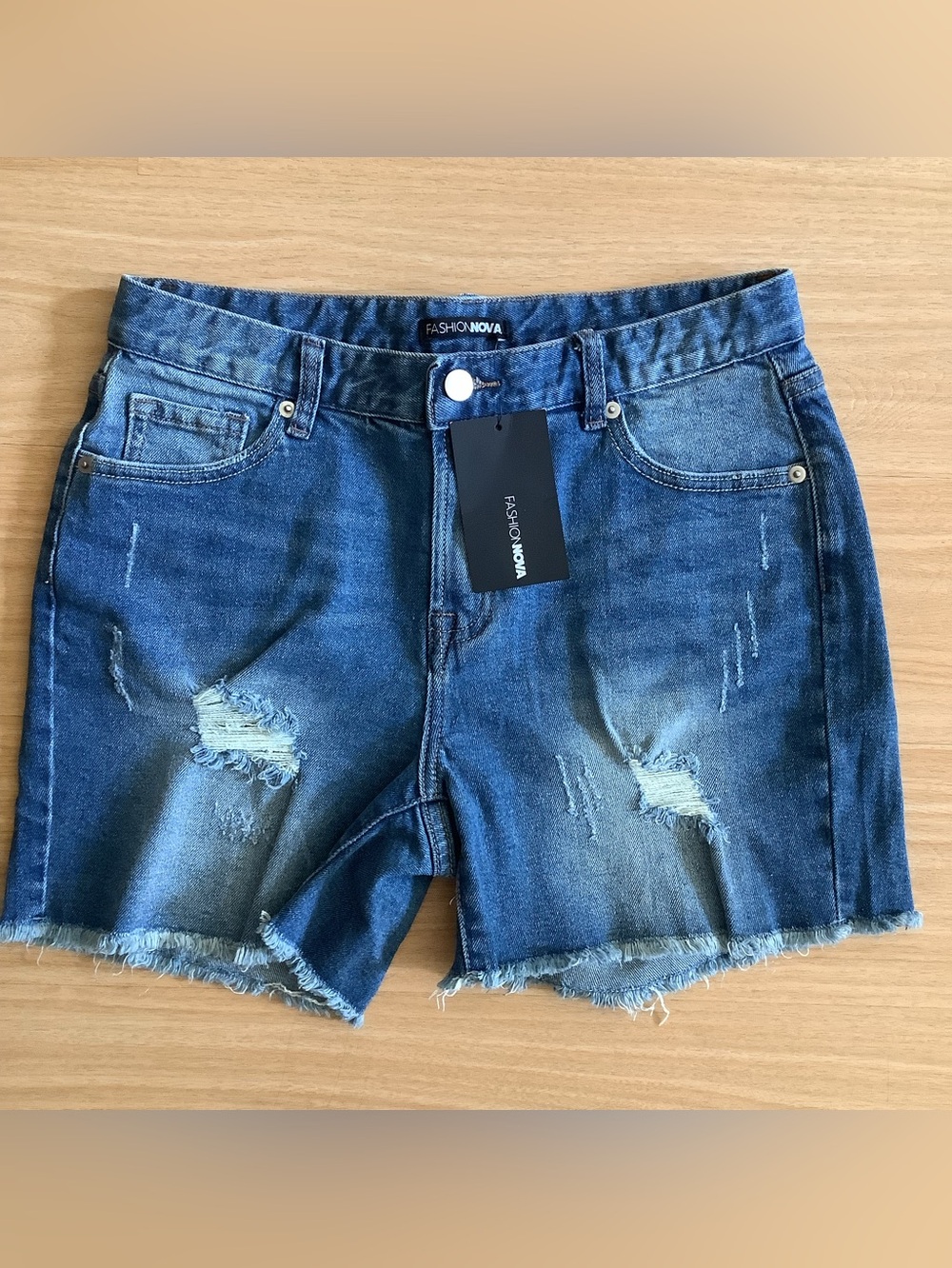 Fashion Nova NWT Summer Is Denim Shorts High Waist Distressed Medium Wash Size 7